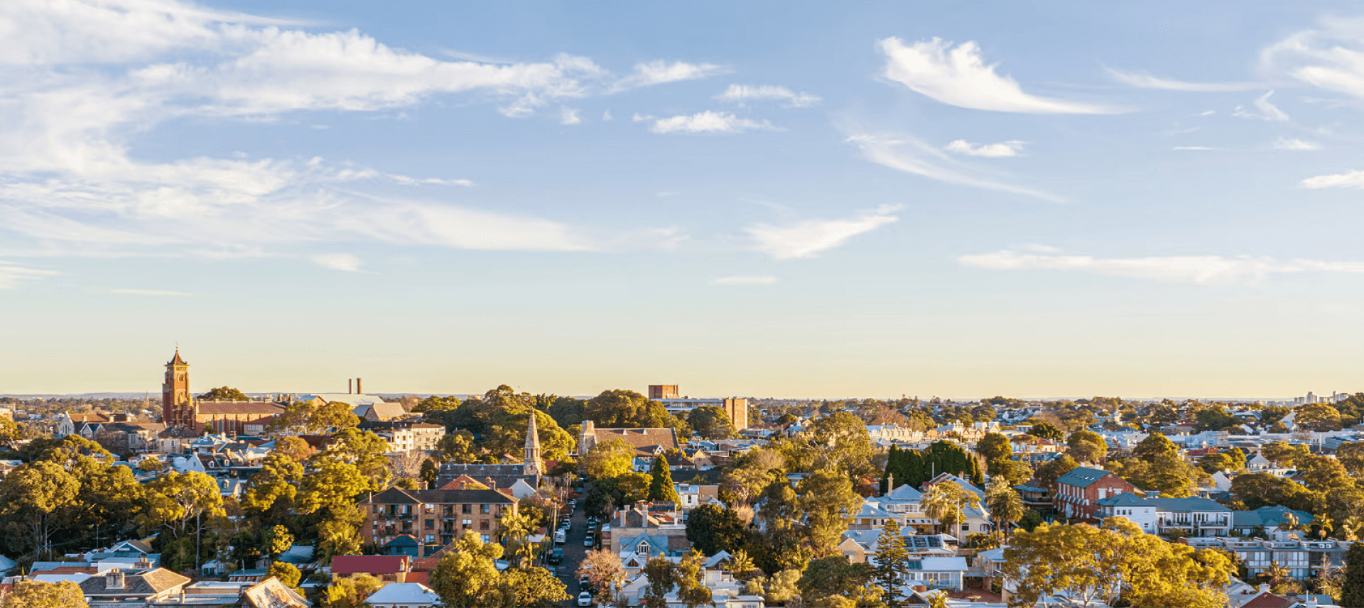 Panoramic residential neighborhood under a bright blue sky
